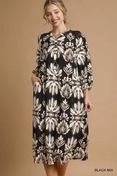 Umgee Mix Abstract Floral Print Midi Dress BLACK MIX OutfitFlow